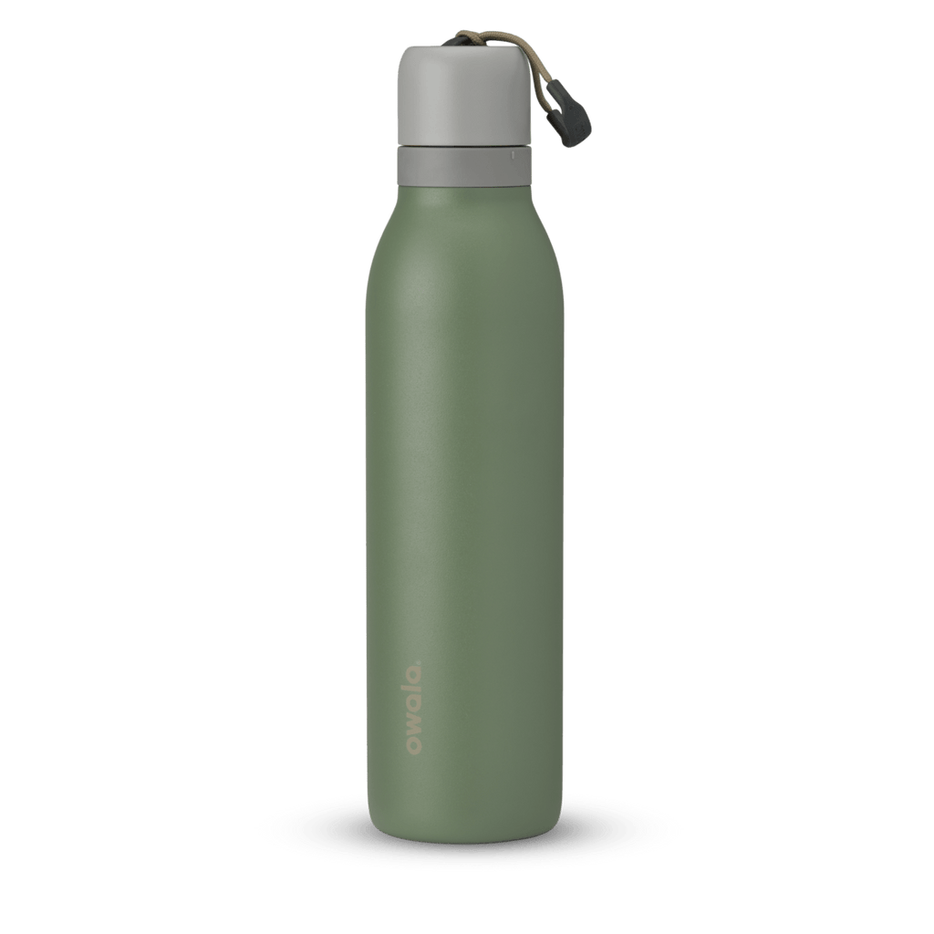 FreeSip Twist 24oz, coral pink body with orange-red lid and purple band; slim insulated bottle