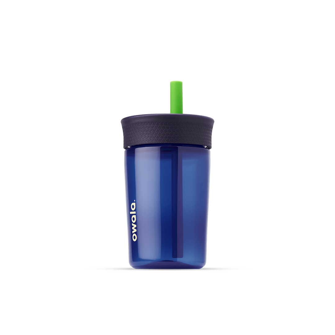 Kids' Tumbler 15oz in Lilac Rocket; translucent lavender plastic body with coral pink lid and purple straw with peach inner straw, lavender Owala logo on front